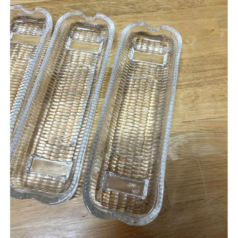 Vintage Clear Glass Corn on the Cob Dishes Set 4 Embossed Serving
